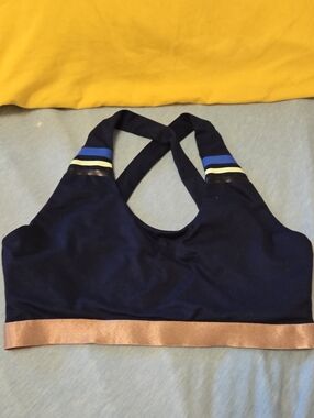 Splendid Navy Cross-Back Sports Bra with Bronze Band and Blue Stripe
